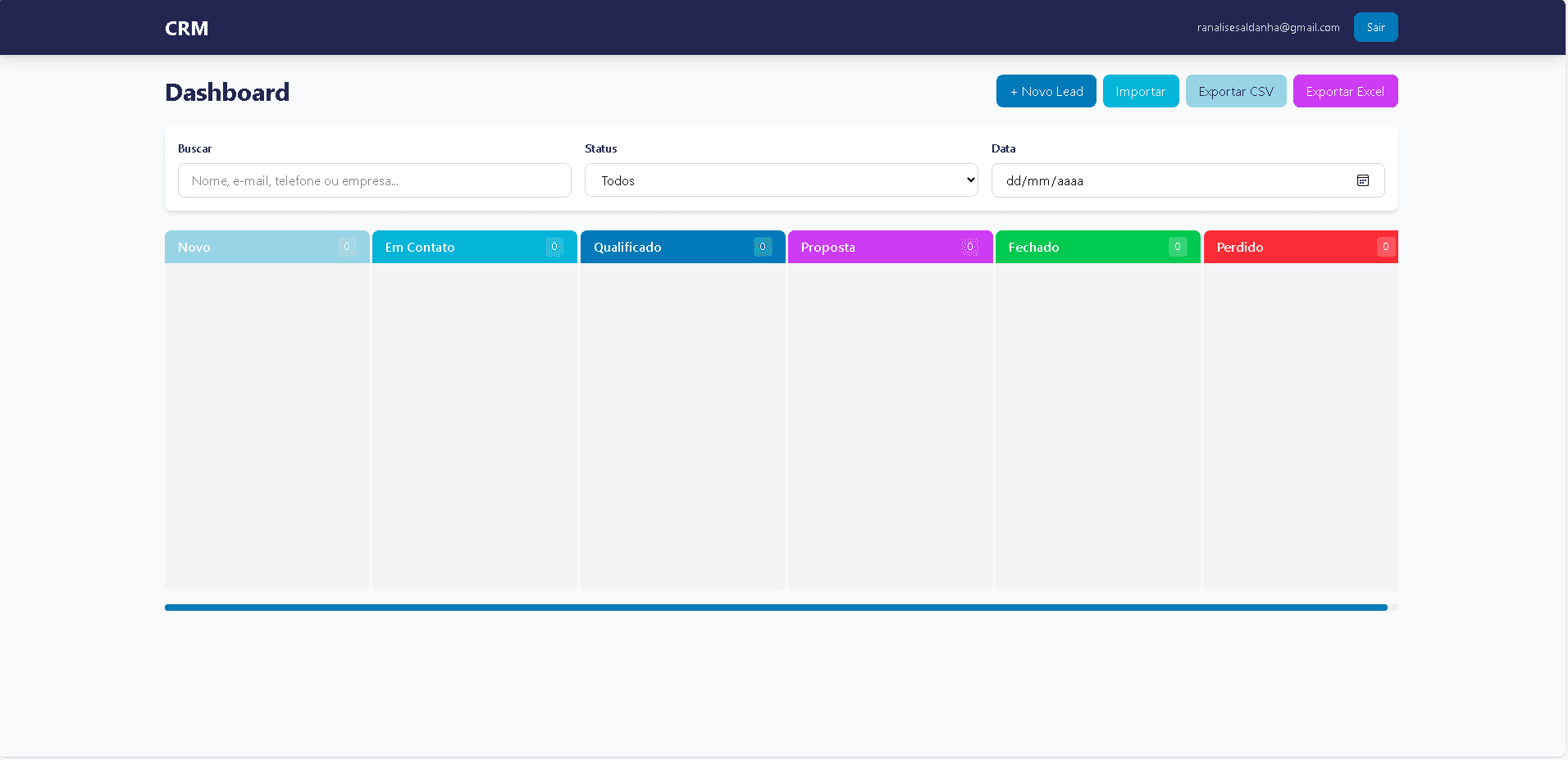 Dashboard do sistema CRM Leads mostrando lista de leads e métricas